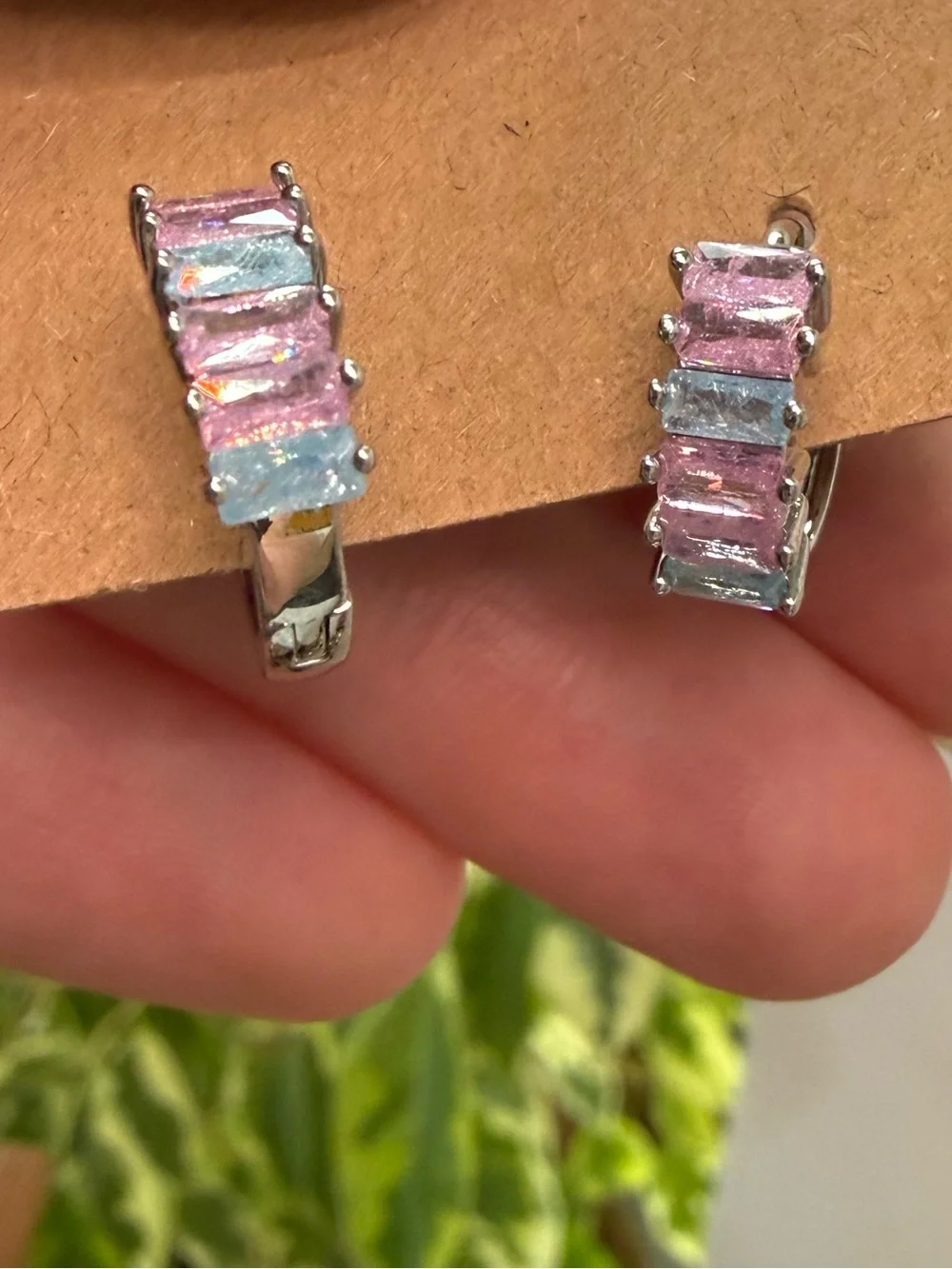 18k GP Hoop Earrings with Pink and Light Blue Baguette Stones